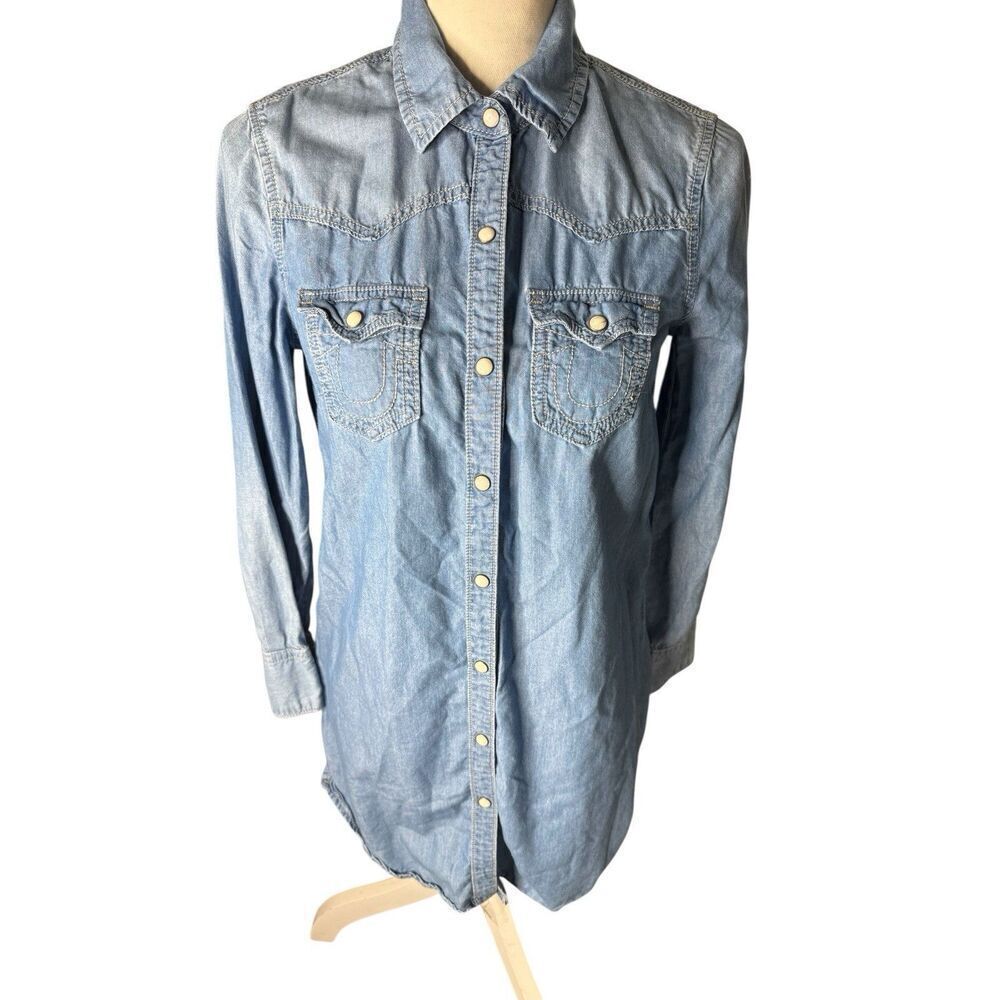 True Religion Chambray Shirt Dress Small Pearl Snap Long Sleeve Blue Jean Sz XS